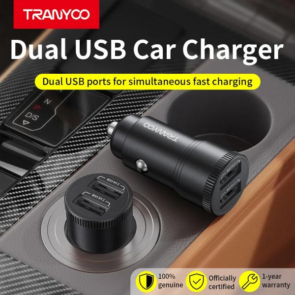 TRANYOO T-C20 12W Dual-Port Metal Mini Car Charger | Fast Charging Dual USB Dashboard Adapter
