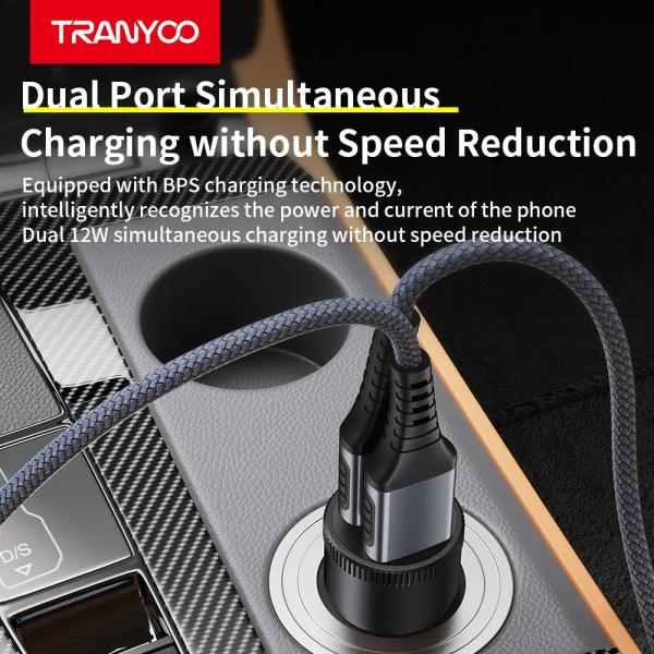 TRANYOO T-C20 12W Dual-Port Metal Mini Car Charger | Fast Charging Dual USB Dashboard Adapter